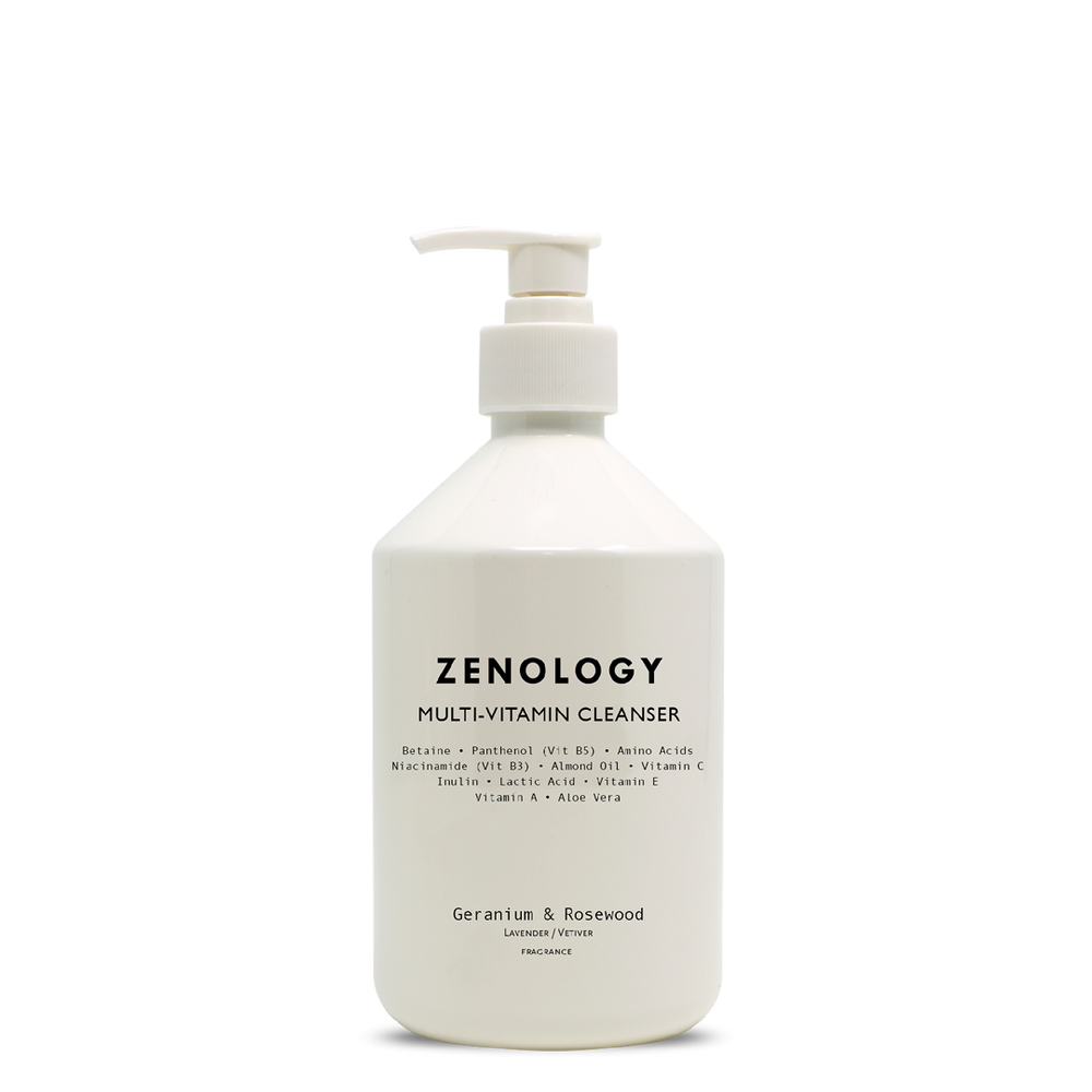 A white pump bottle labeled Zenology Multi-Vitamin Cleanser Geranium & Rosewood with a white pump.