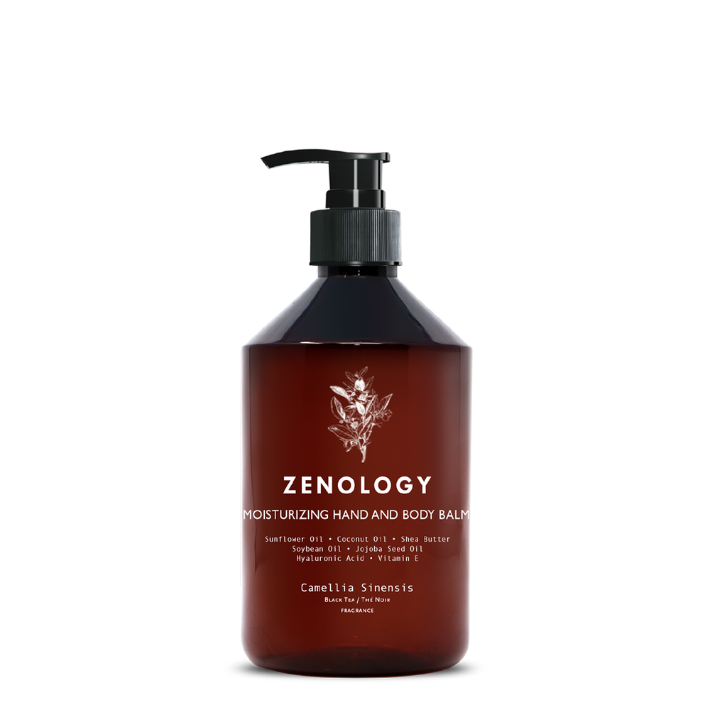 A brown pump bottle labeled Zenology Moisturizing Hand and Body Balm Camellia Sinensis featuring an unique botanical illustration and a black pump.