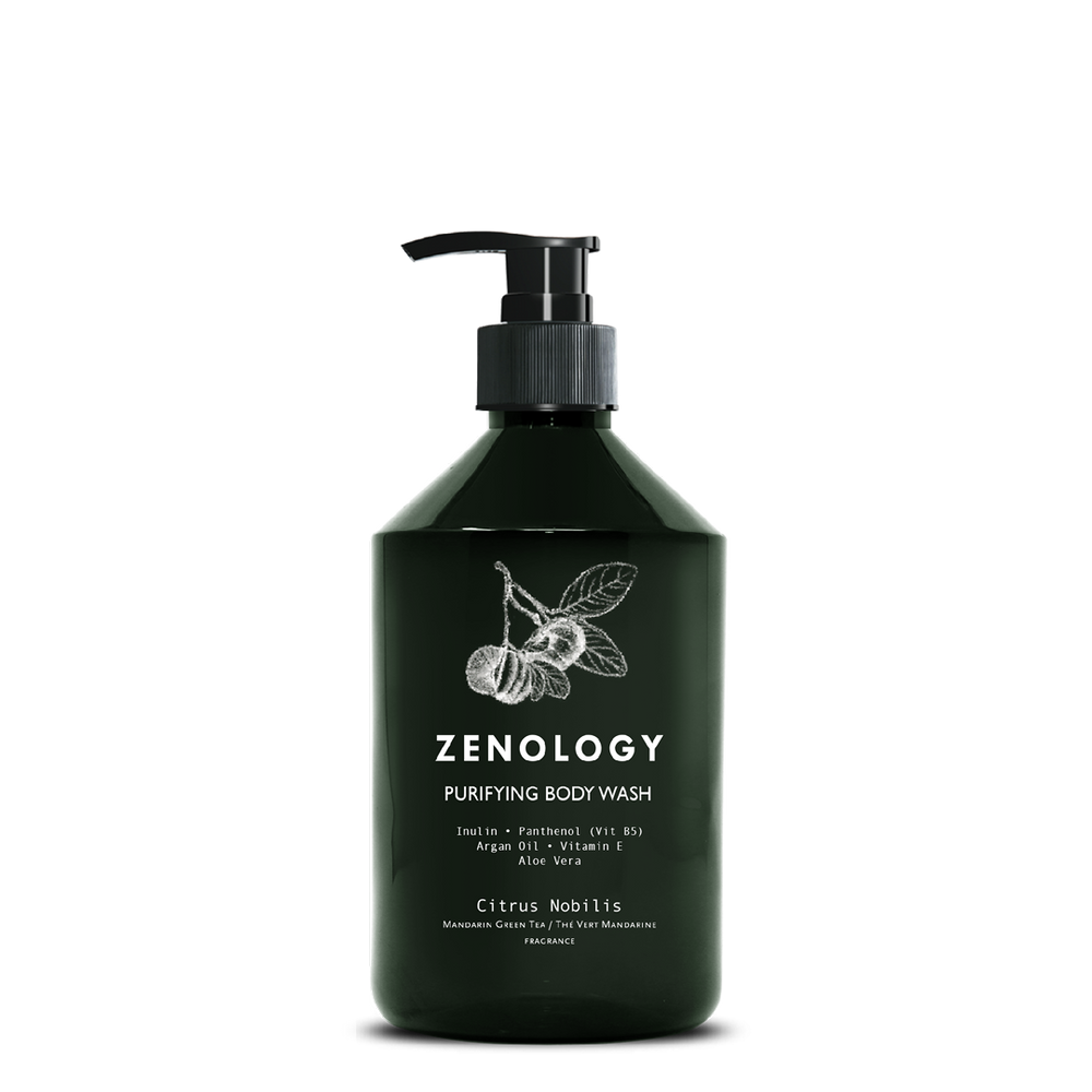 A green pump bottle labeled Zenology Purifying Body Wash Citrus Nobilis featuring an unique botanical illustration and a black pump.