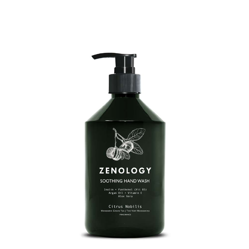 A green pump bottle labeled Zenology Soothing Hand Wash Citrus Nobilis featuring an unique botanical illustration and a black pump.