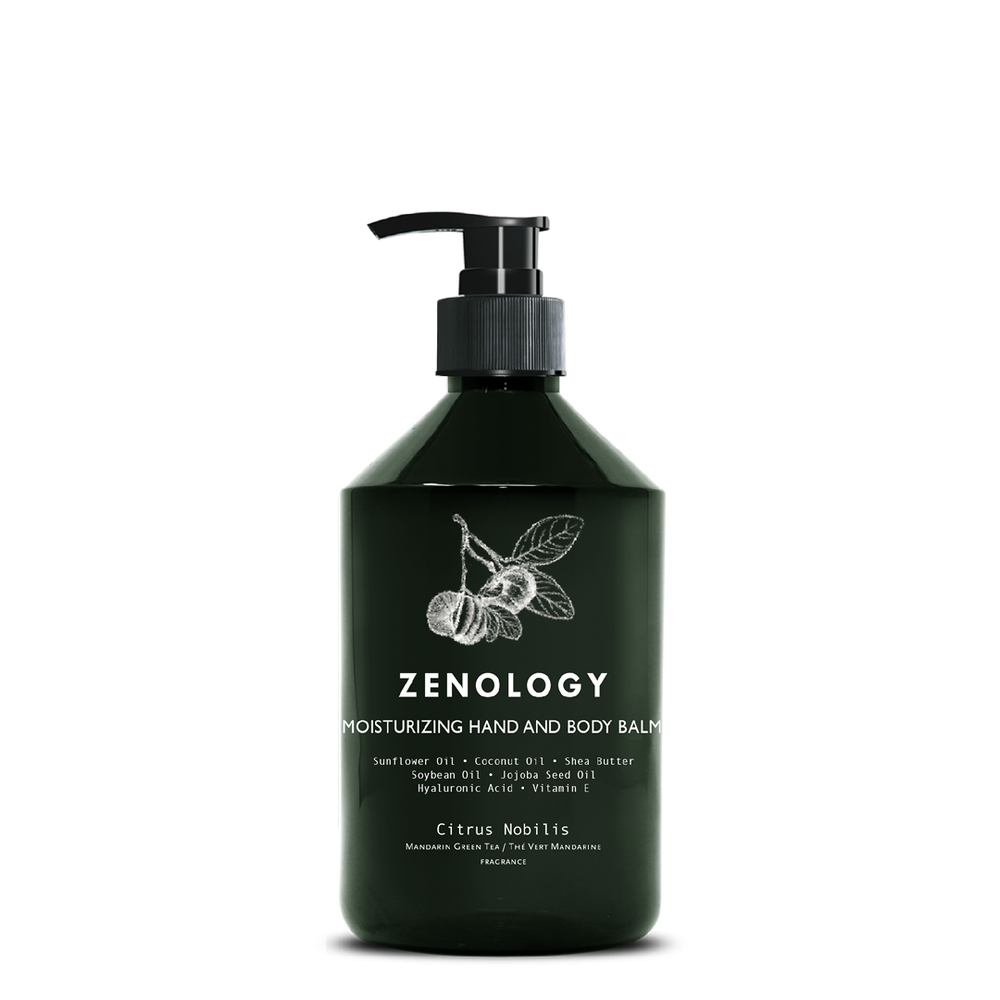 A green pump bottle labeled Zenology Moisturizing Hand and Body Balm Citrus Nobilis featuring an unique botanical illustration and a black pump.