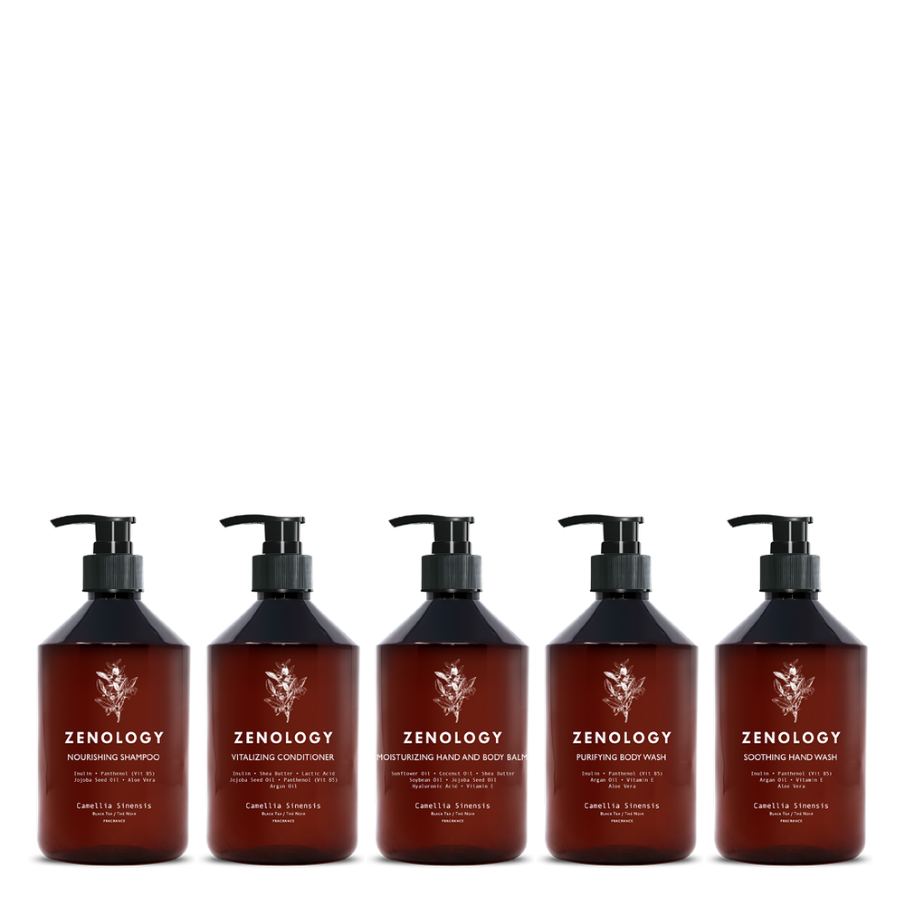 Five brown Zenology pump bottles with matching botanical graphics labeled Zenology.