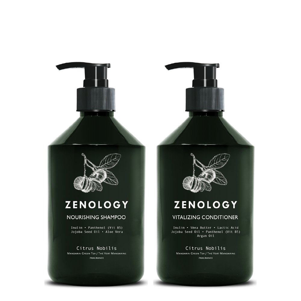 Two green pump bottles with matching botanical graphics labeled Zenology Soothing Hand Wash Citrus Nobilis and Zenology Moisturizing Hand and Body Balm Citrus Nobilis.