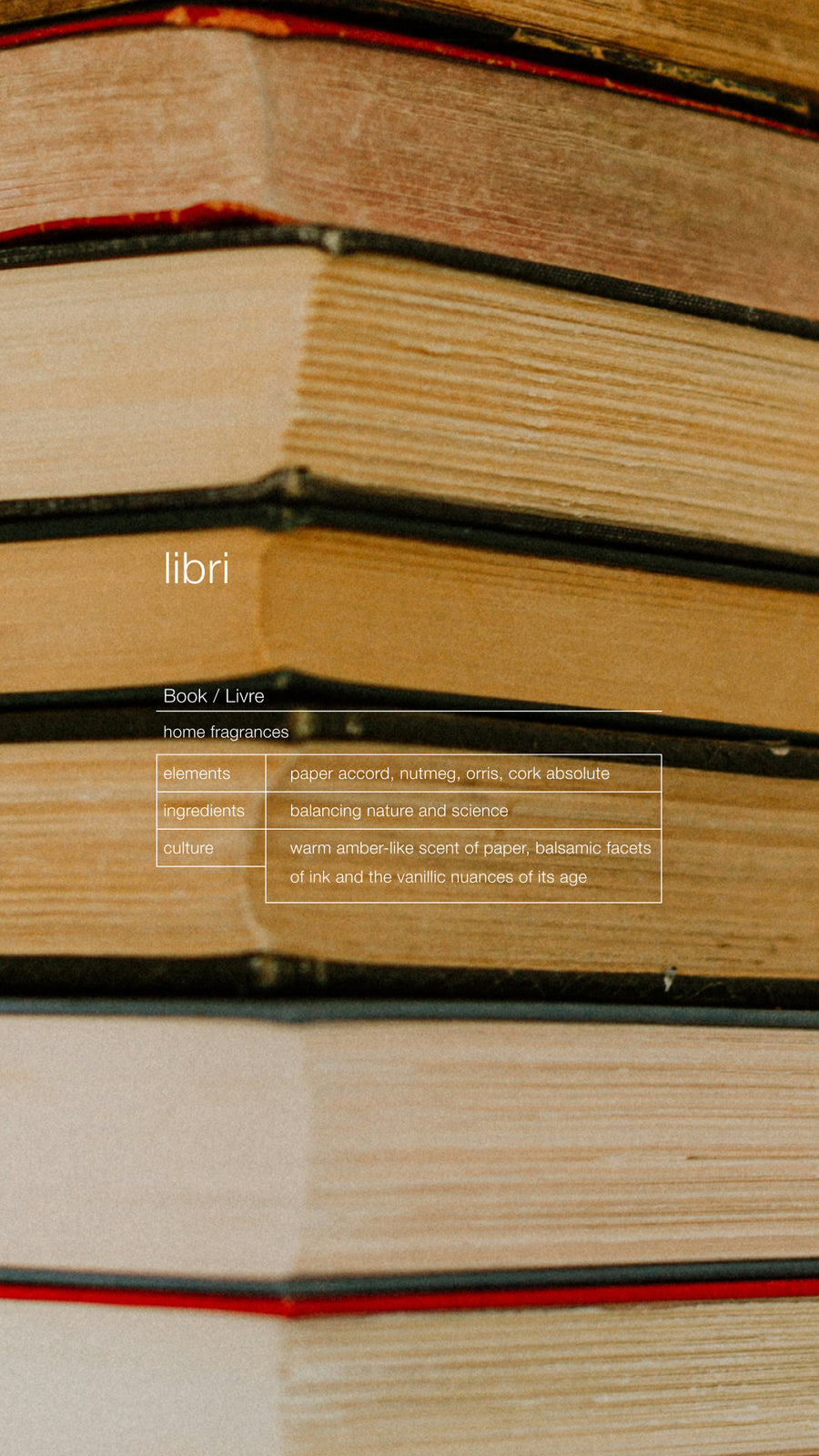 A close-up of a stack of books with their pages and bindings visible. The focus is on the book's textures and colors. White text overlaid on the image contains readable words: