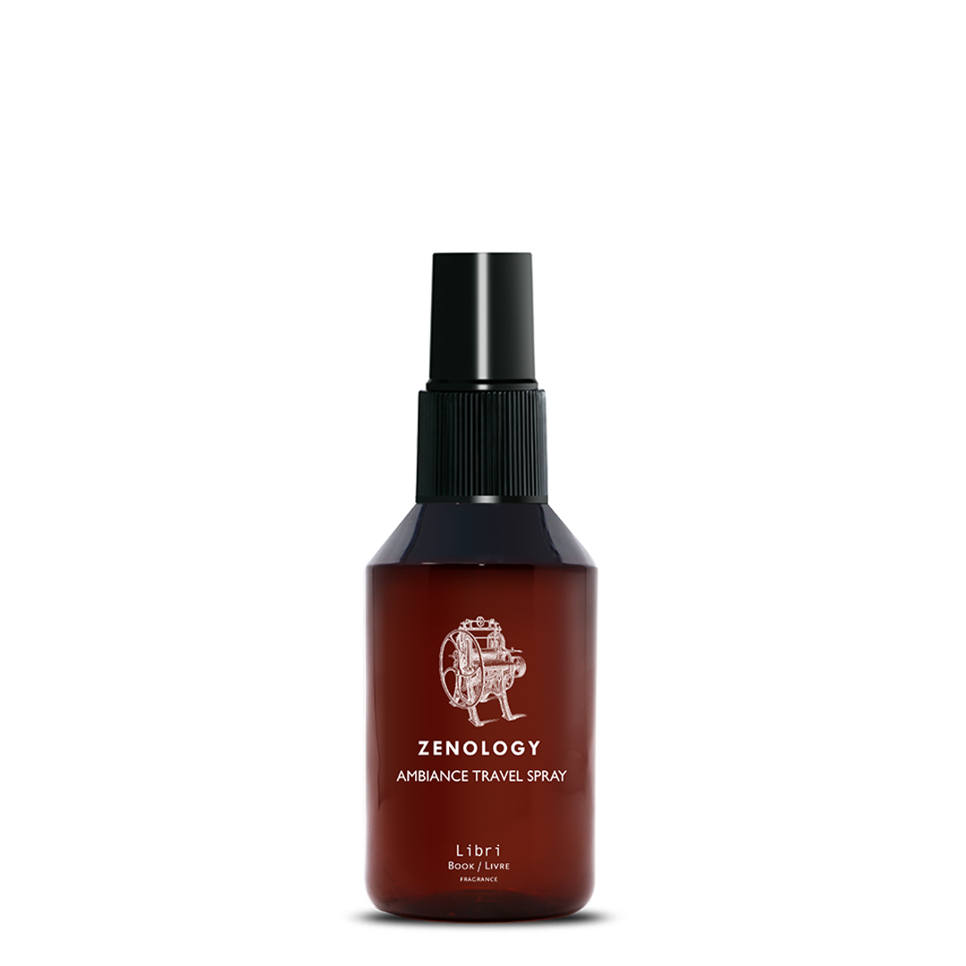 A small sized brown spray bottle labeled Zenology Ambiance Travel Spray Libri featuring an unique botanical illustration with a black spray top.