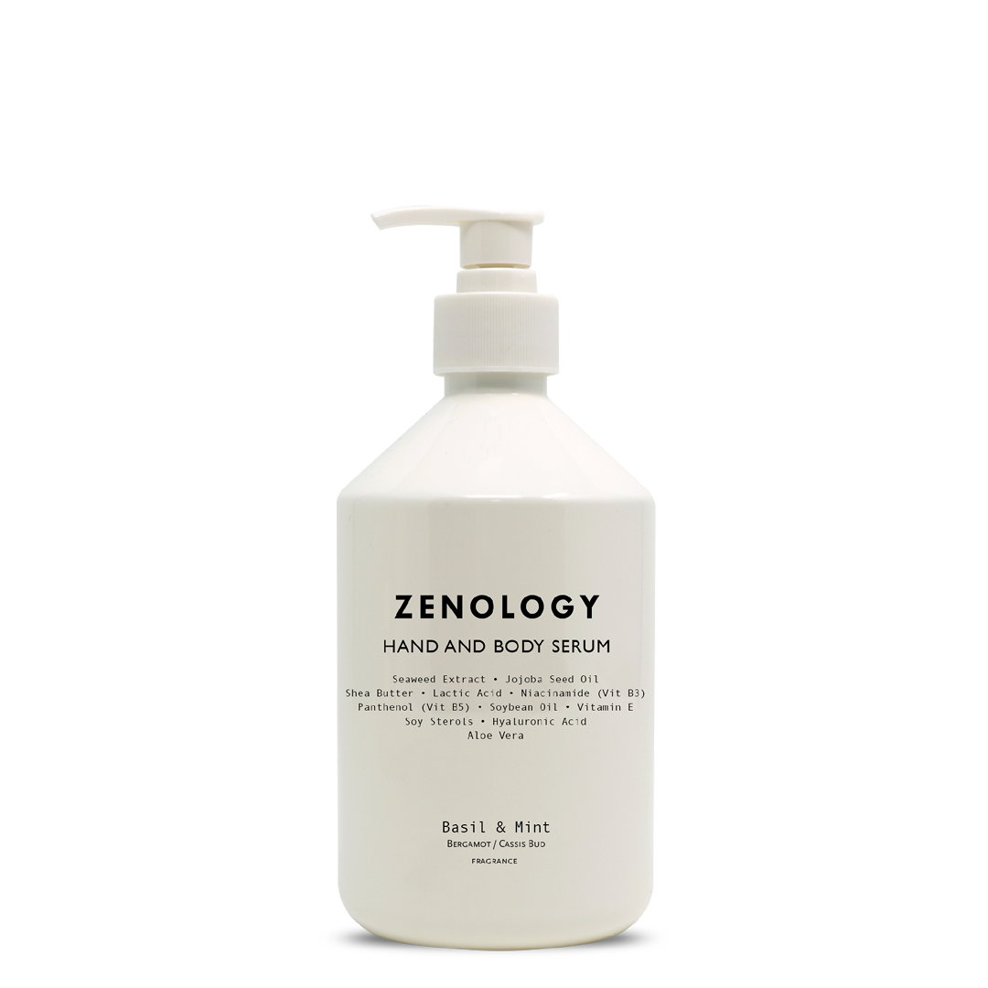 A white pump bottle labeled Zenology Hand and Body Serum Basil & Mint with a white pump.