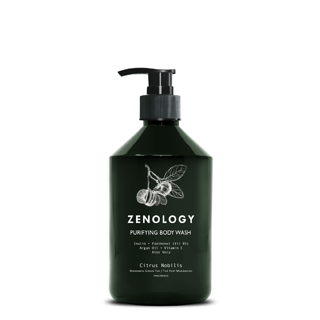 A green pump bottle labeled Zenology Purifying Body Wash Citrus Nobilis featuring an unique botanical illustration and a black pump.