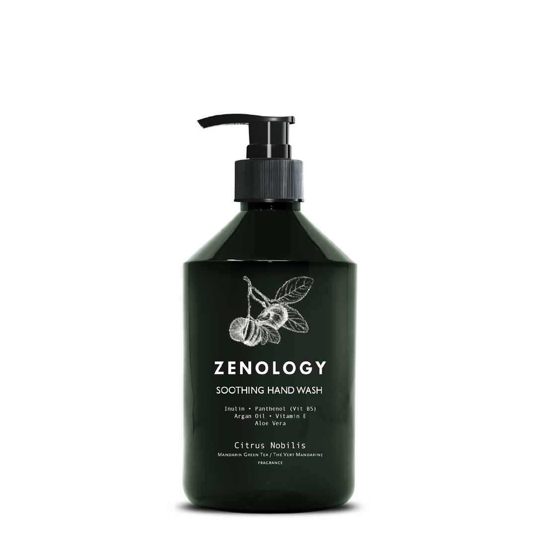 A green pump bottle labeled Zenology Soothing Hand Wash Citrus Nobilis featuring an unique botanical illustration and a black pump.