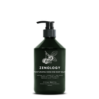 A green pump bottle labeled Zenology Moisturizing Hand and Body Balm Citrus Nobilis featuring an unique botanical illustration and a black pump.