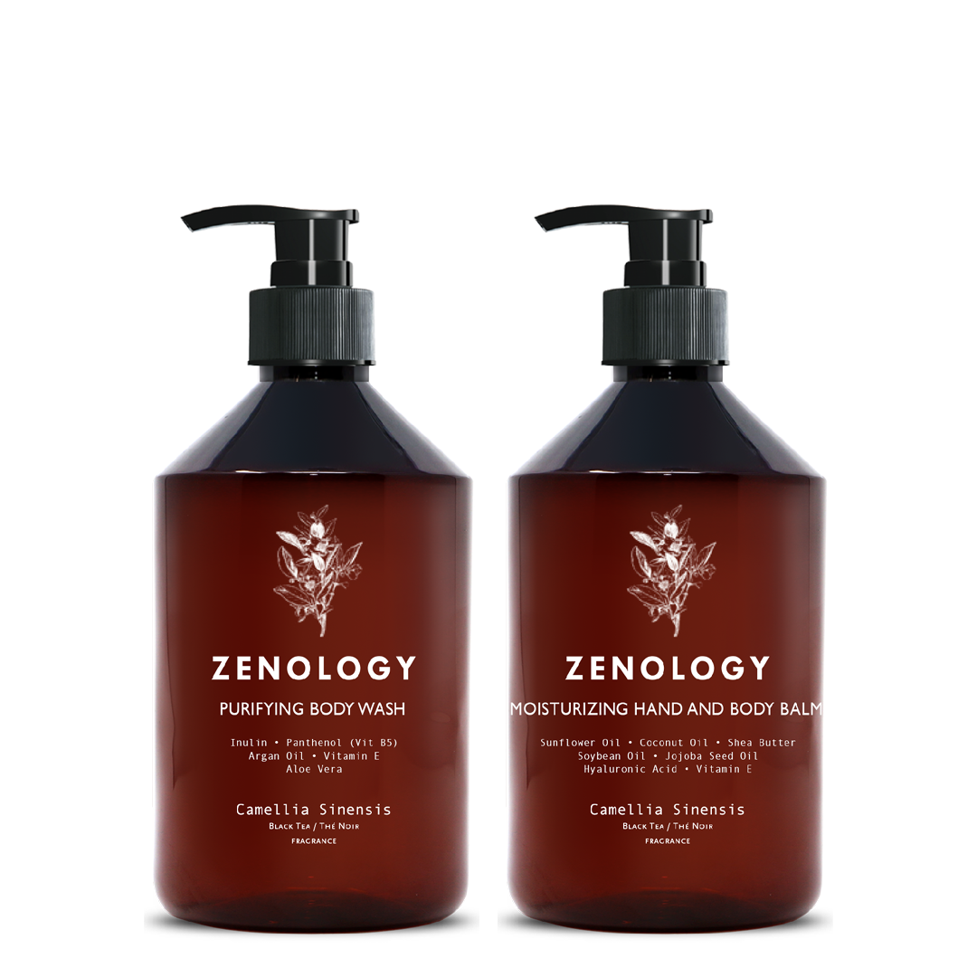 Two brown pump bottles with matching botanical graphics labeled Zenology Purifying Body Wash Camellia Sinensis and Zenology Moisturizing Hand and Body Balm Camellia Sinensis.