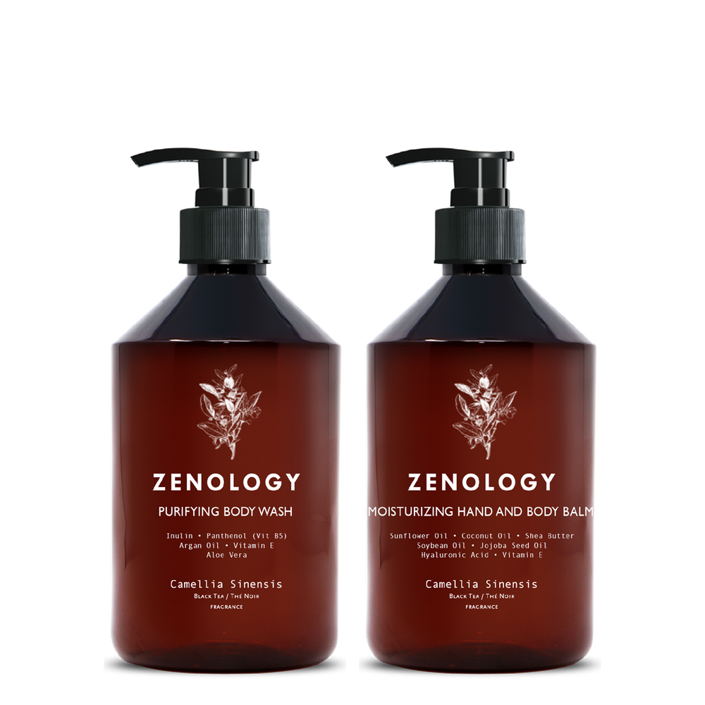 Two brown pump bottles with matching botanical graphics labeled Zenology Purifying Body Wash Camellia Sinensis and Zenology Moisturizing Hand and Body Balm Camellia Sinensis.