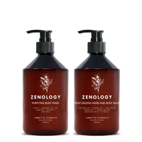 Two brown pump bottles with matching botanical graphics labeled Zenology Purifying Body Wash Camellia Sinensis and Zenology Moisturizing Hand and Body Balm Camellia Sinensis.