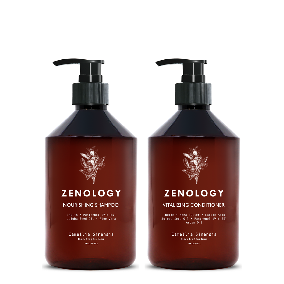 Two brown pump bottles with matching botanical graphics labeled Zenology Soothing Hand Wash Camellia Sinensis and Zenology Moisturizing Hand and Body Balm Camellia Sinensis.