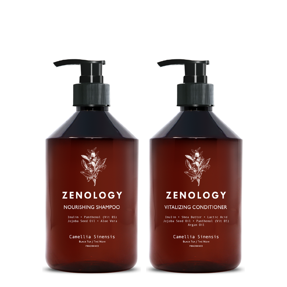 Two brown pump bottles with matching botanical graphics labeled Zenology Soothing Hand Wash Camellia Sinensis and Zenology Moisturizing Hand and Body Balm Camellia Sinensis.