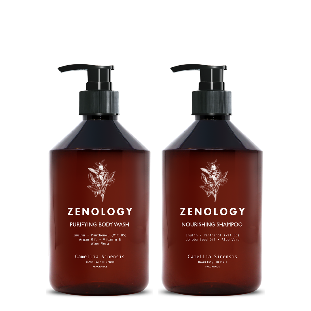 Two brown pump bottles with matching botanical graphics labeled Zenology Nourishing Shampoo Camellia Sinensis and Zenology Purifying Body Wash Camellia Sinensis.