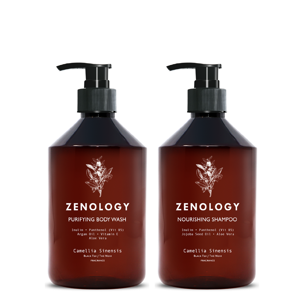 Two brown pump bottles with matching botanical graphics labeled Zenology Nourishing Shampoo Camellia Sinensis and Zenology Purifying Body Wash Camellia Sinensis.