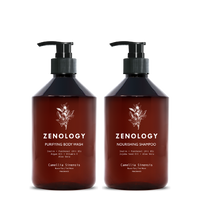 Two brown pump bottles with matching botanical graphics labeled Zenology Nourishing Shampoo Camellia Sinensis and Zenology Purifying Body Wash Camellia Sinensis.