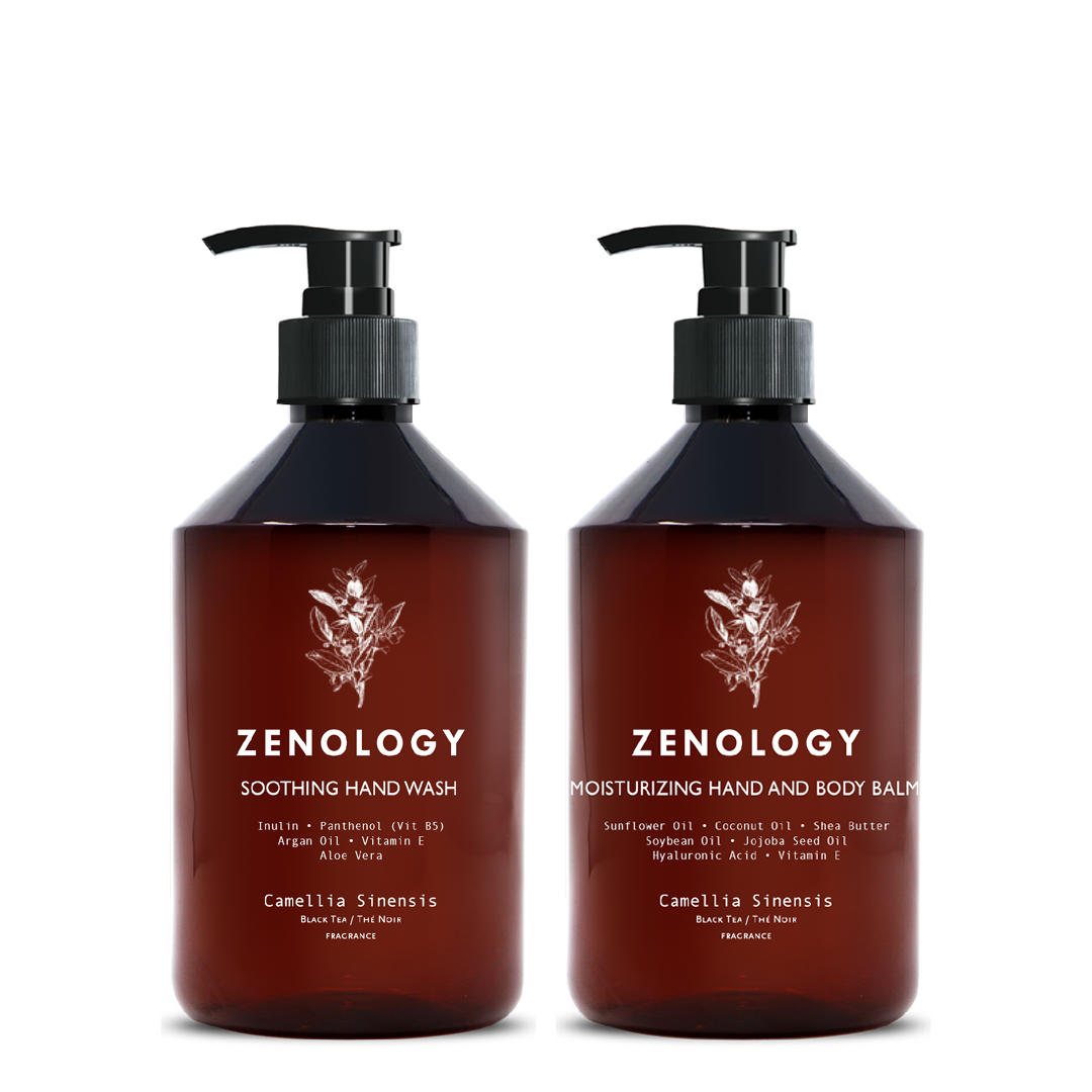 Two brown pump bottles with matching botanical graphics labeled Zenology Nourishing Shampoo Camellia Sinensis and Zenology Vitalizing Conditioner Camellia Sinensis.