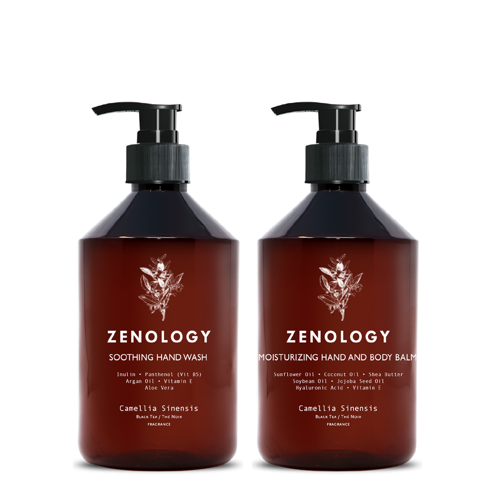 Two brown pump bottles with matching botanical graphics labeled Zenology Nourishing Shampoo Camellia Sinensis and Zenology Vitalizing Conditioner Camellia Sinensis.