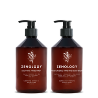 Two brown pump bottles with matching botanical graphics labeled Zenology Nourishing Shampoo Camellia Sinensis and Zenology Vitalizing Conditioner Camellia Sinensis.