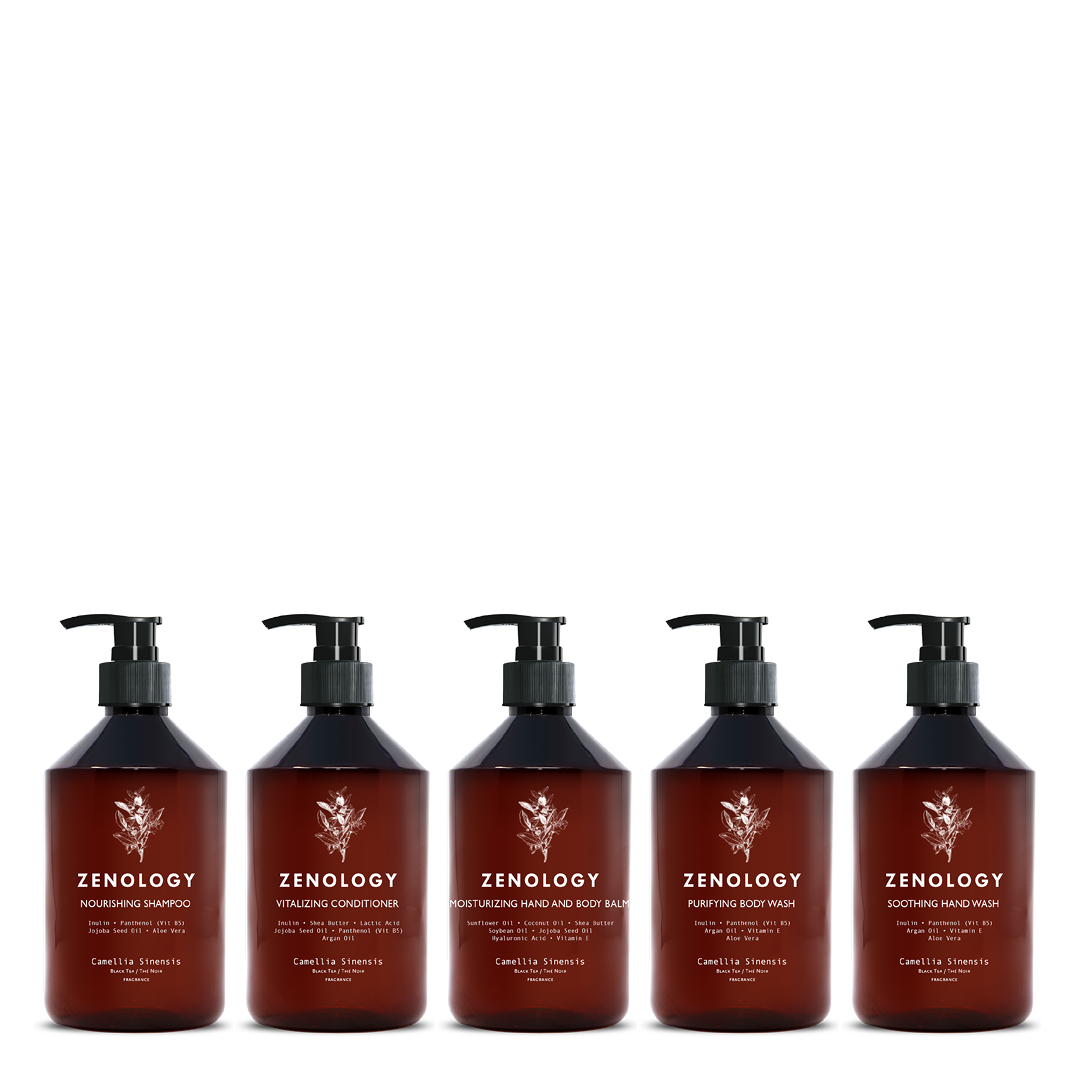 Five brown Zenology pump bottles with matching botanical graphics labeled Zenology.