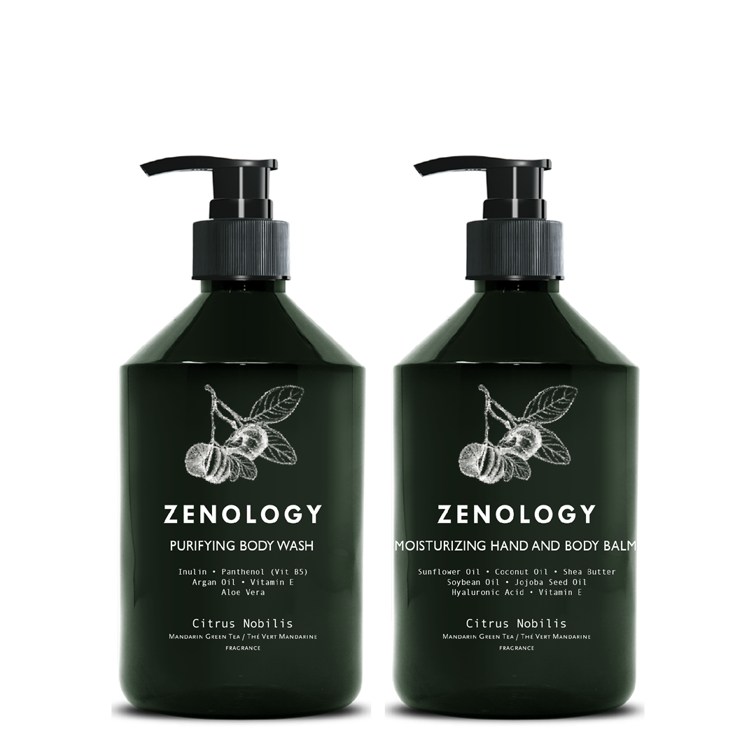 Two green pump bottles with matching botanical graphics labeled Zenology Purifying Body Wash Citrus Nobilis and Zenology Moisturizing Hand and Body Balm Citrus Nobilis.