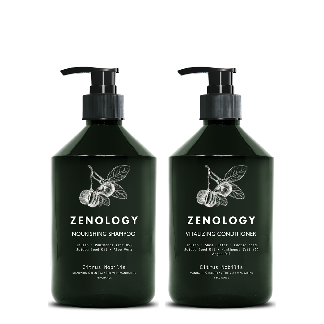 Two green pump bottles with matching botanical graphics labeled Zenology Soothing Hand Wash Citrus Nobilis and Zenology Moisturizing Hand and Body Balm Citrus Nobilis.