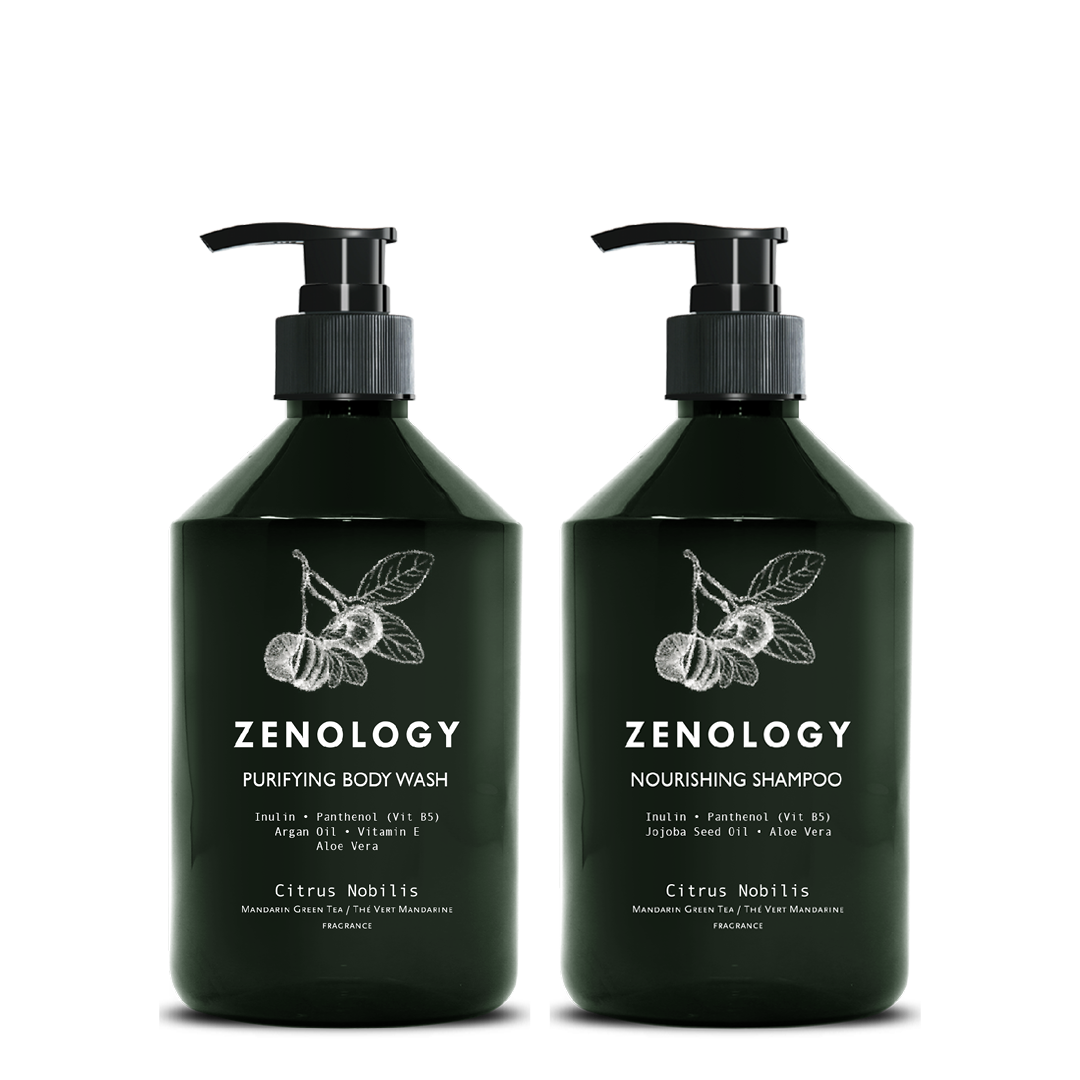 Two green pump bottles with matching botanical graphics labeled Zenology Nourishing Shampoo Citrus Nobilis and Zenology Purifying Body Wash Citrus Nobilis.