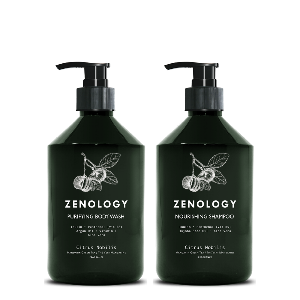 Two green pump bottles with matching botanical graphics labeled Zenology Nourishing Shampoo Citrus Nobilis and Zenology Purifying Body Wash Citrus Nobilis.