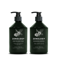 Two green pump bottles with matching botanical graphics labeled Zenology Nourishing Shampoo Citrus Nobilis and Zenology Purifying Body Wash Citrus Nobilis.