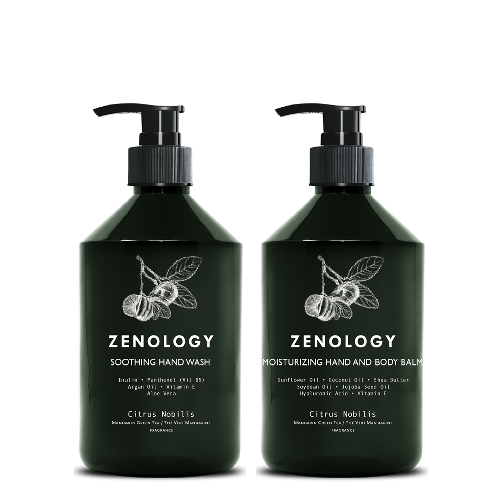 Two green pump bottles with matching botanical graphics labeled Zenology Nourishing Shampoo Citrus Nobilis and Zenology Vitalizing Conditioner Citrus Nobilis.