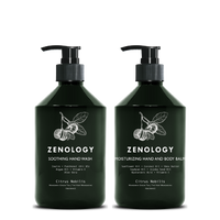 Two green pump bottles with matching botanical graphics labeled Zenology Nourishing Shampoo Citrus Nobilis and Zenology Vitalizing Conditioner Citrus Nobilis.