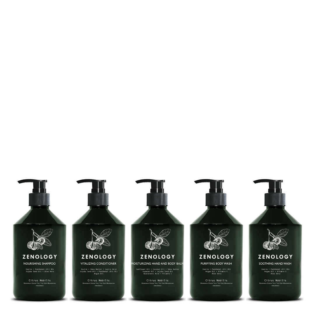 Five green Zenology pump bottles with matching botanical graphics labeled Zenology.