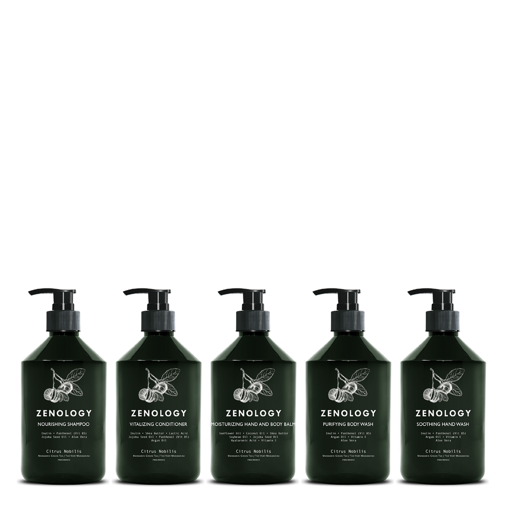 Five green Zenology pump bottles with matching botanical graphics labeled Zenology.