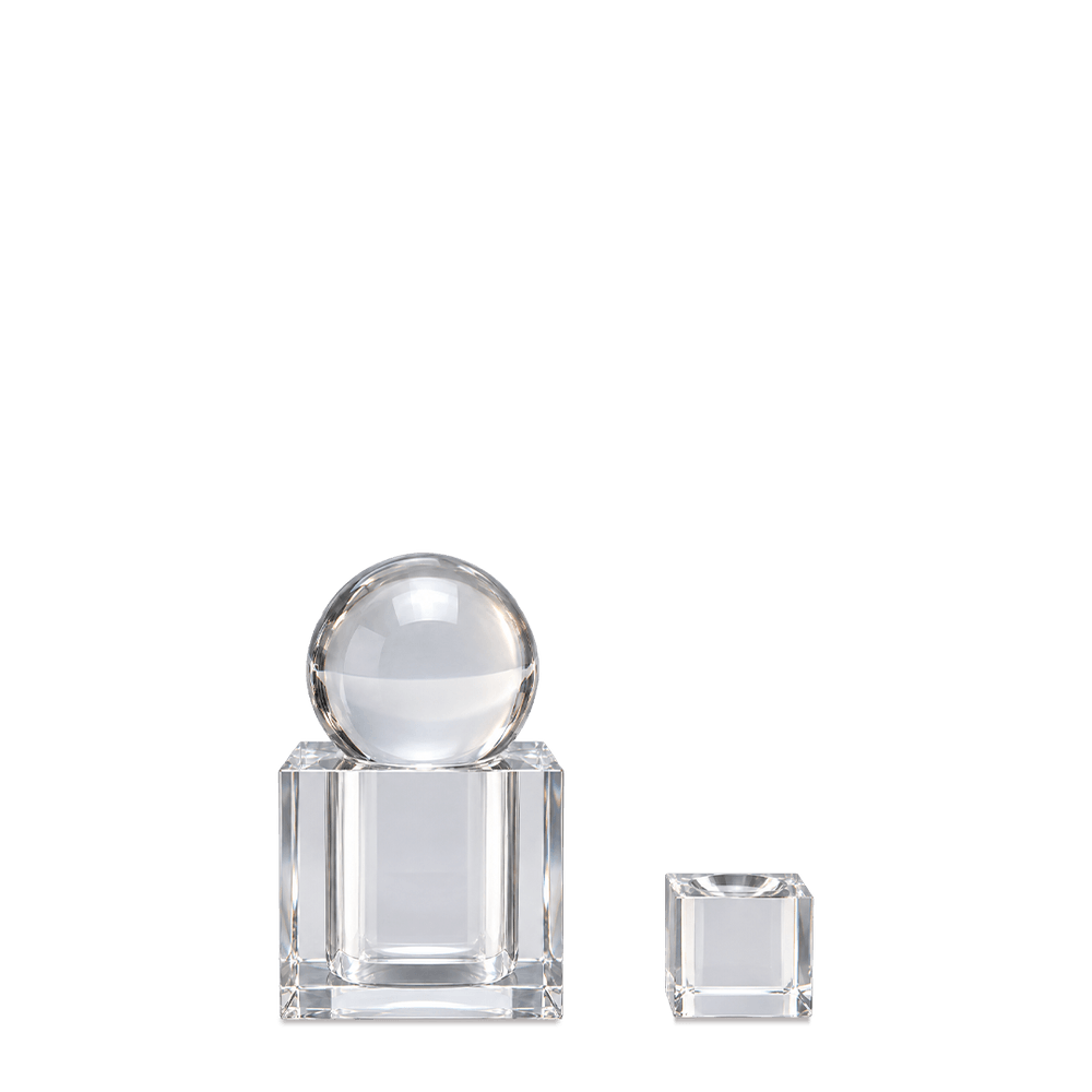 Empty faceted crystal candle holder shown from the front on a neutral background.
