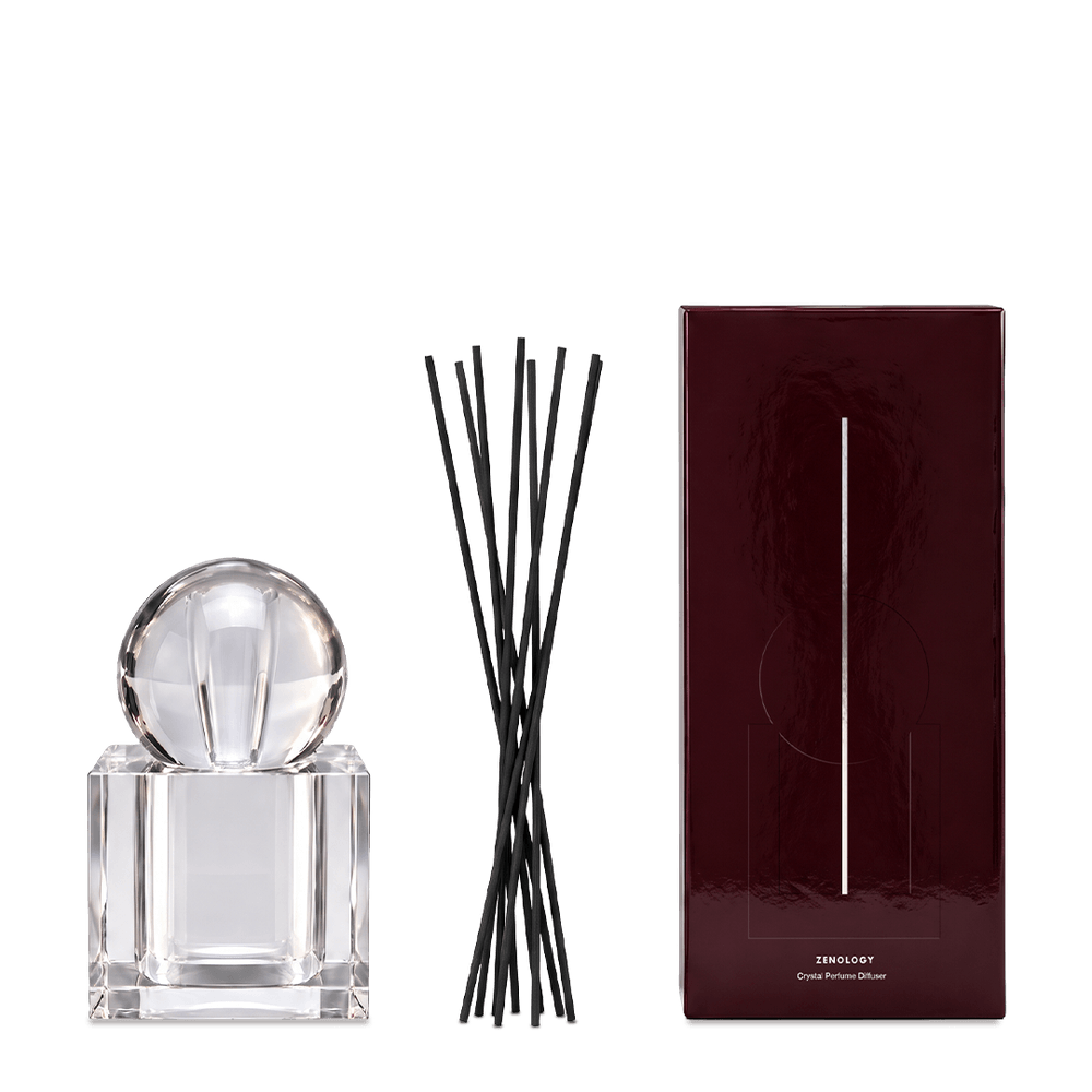 Crystal perfume diffuser gift box with crystal bottle and sphere arranged beside it on a dark teal background.